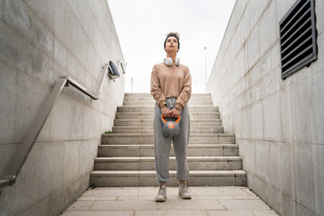 One woman young adult caucasian female hold kettlebell girya weight