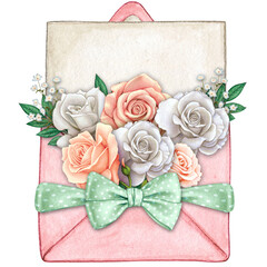 watercolor hand drawn romantic envelope with bow and treats