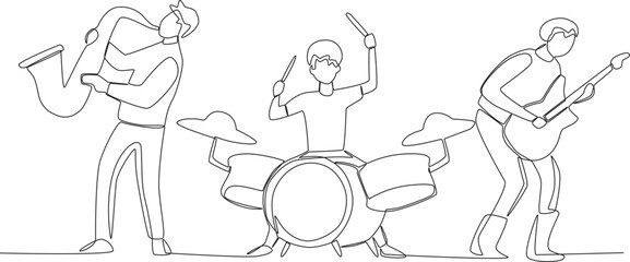 Three musicians performing on the Music band one-line drawing