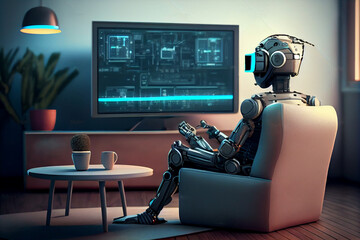 AI humanoid robot sits on the sofa at home and watches TV