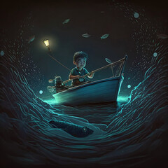 a boy ffidhing in a boat, beautiful night sky, created using generative AI