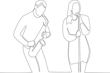 A woman singing accompanied by saxophone. Music band one-line drawing