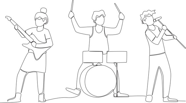 Three excited people playing musical instruments. Music band one-line drawing