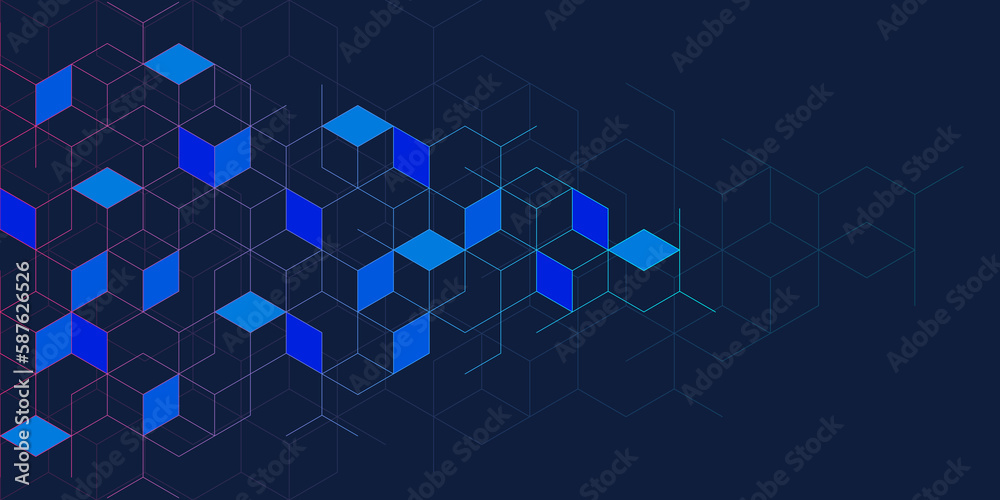 Poster Abstract geometric background with isometric digital blocks. Blockchain concept and modern technology