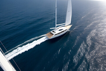 Fototapeta premium Aerial drone ultra wide photo of beautiful sailboat cruising deep blue open ocean Mediterranean sea
