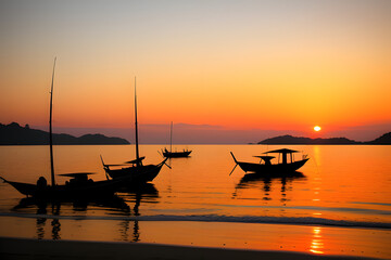 Silhouette of small fishing boats at the sunset, Thailand