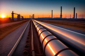 Fototapeta na wymiar Metal pipeline in industrial area photographed with depth of field effect