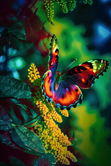A vibrant butterfly sitting on a wild flower in the morning haze - Generative AI