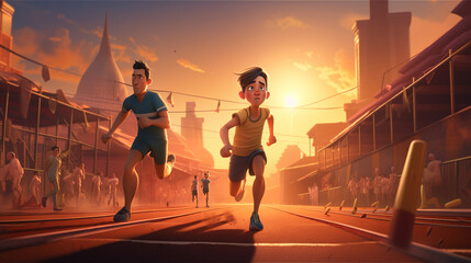 Running people in the city at sunset., 3D rendering, Ai generative