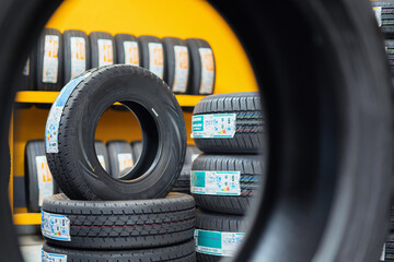 Car tires in the tire warehouse of the car inspection service center