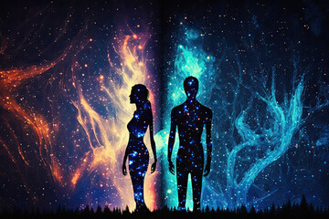 Obraz na płótnie Canvas Astral body man and woman silhouettes face to face neural network AI generated art