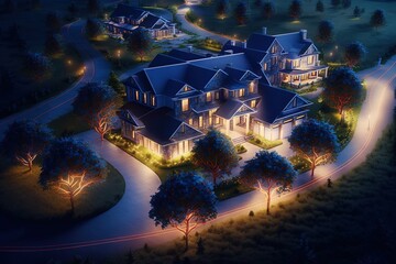 large beautiful homes and farms, brilliantly bright fiber optic cable networking along the ground connecting house to house, rural countryside.Generative Ai.