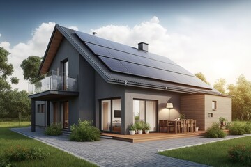 Homes with solar panels on the roof under a bright sky A close up of a brand new structure with dark solar panels. Zonneenergie, Zonnepanelen, Translation Sun Energy, solar panel. Generative Ai.