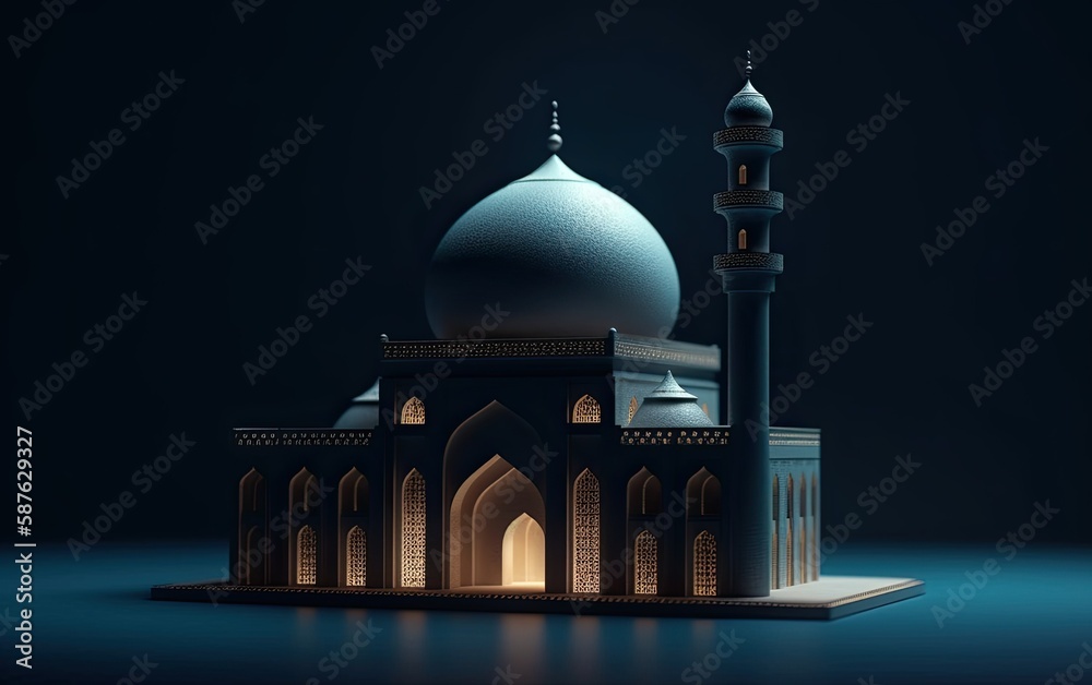 Wall mural islamic concept poster ramadan kareem or eid al adha celebration with muslim mosque on dark blue bac