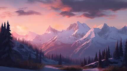 Obraz premium Beautiful illustration of snowy mountains and forest. Very beautiful art background