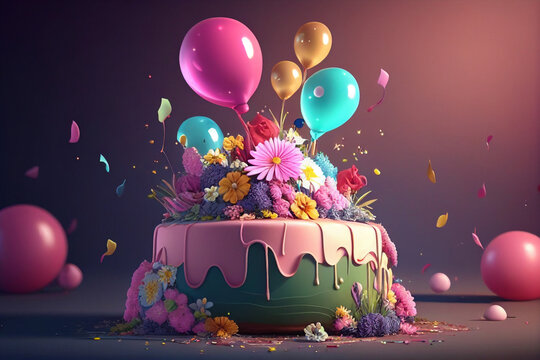 3D Birthday cake with flowers  with colorful balloons, . 3d rendering generative ai