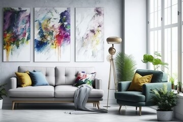Modern and luxury minimalist interior of living room. Modern cozy living room with a picture on the wall. a living room with a round window in the corner. Generative Ai