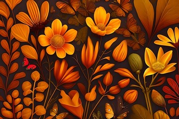 Abstract Summer Flower Background with Butterflies and Leaves. Generative AI