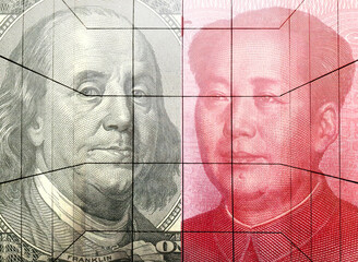 Close-up of images of dollars and yuan recurring on white tiles. Double exposure conceptual image...