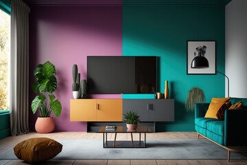 Two tone color wall background,Modern living room decor with a tv cabinet. Generative Ai.