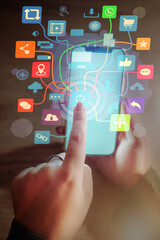 Closeup, hands and phone green screen of social media hologram, networking app icons or mockup for woman in night office. Working late designer, mobile and user technology abstract of 3d connection