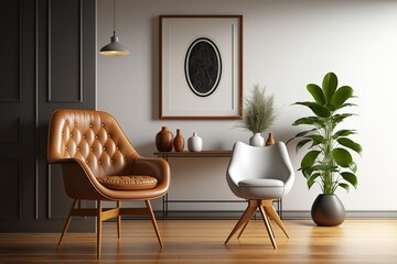 living room and arm chair with empty frame. modern classic luxury style with arm chairs. Modern home interior background frame mock up with arm chair. Generative Ai.