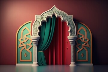moroccan arc door with green and red curtains on the side and arabesque style, islamic vip concept, ramadan, eid mubarak, green and red curtains. Generative Ai.