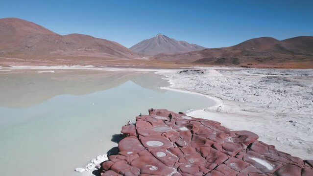 Aerial 4K footage Piedras Rojas Red Rocks Lagoon in San Pedro de Atacama Chile