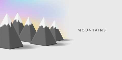 Modern pyramidal 3D mountains with snow on the tops and colored sky. Mountain nature. Illustration for tourism, research, sports, recreation, mountaineering.