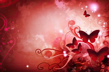 vibrant red background adorned with delicate butterflies and swirling patterns. Generative AI
