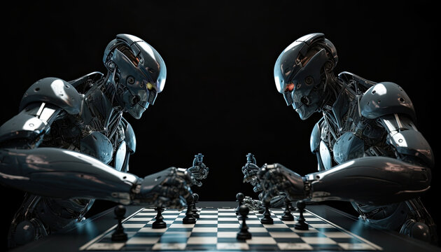 3d rendering representing artificial intelligence development war. two ai robots facing each other on technology development race.  