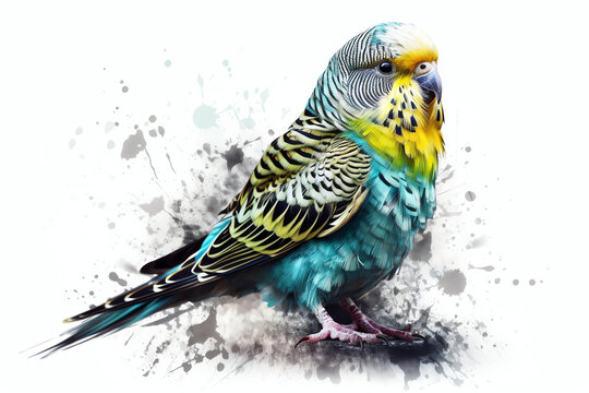 Budgerigar bird illlustration on white background - Watercolor and graffiti elements - Generative AI