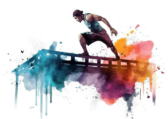 Watercolor abstract illustration of parkour the activity or sport of moving rapidly through an area, typically in an urban environment, negotiating obstacles by running, jumping, and climbing.AI gener