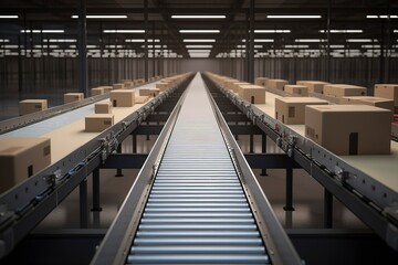 Fototapeta premium Open modern logistics warehouse, conveyor belt transportation box. AI technology generated image