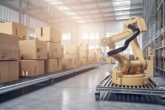 Open modern logistics warehouse, conveyor belt transportation box. AI technology generated image
