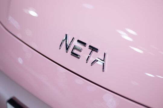 Bangkok,THAILAND - March 30 2023: Neta Chinese compact EV car business brand by Hozon Auto manufactured by the Zhejiang Hezhong New Energy Automobile Company.