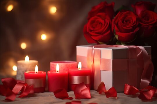 Valentine's Day background, roses and red wine glasses. AI technology generated image