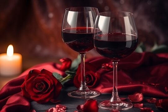 Valentine's Day background, roses and red wine glasses. AI technology generated image