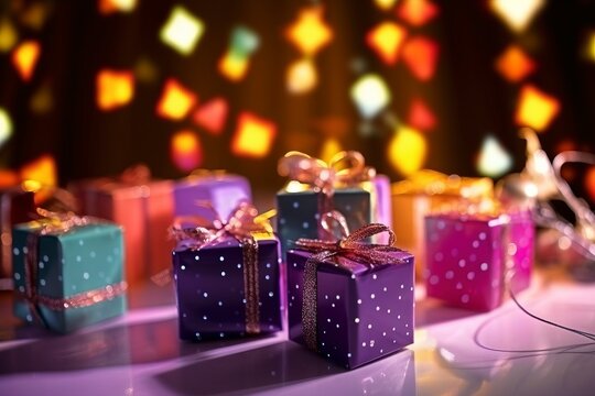 Small gifts and decorations on the background of Christmas lights.AI technology generated image