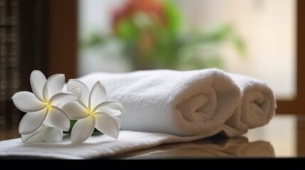 Obraz na płótnie Canvas spa composition on massage with Soft White Towels flowers Relaxation ,digital ai art