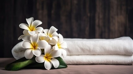 Obraz na płótnie Canvas spa composition on massage with Soft White Towels flowers Relaxation ,digital ai art