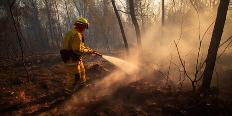 fireman in the forest fire , digital ai art	
