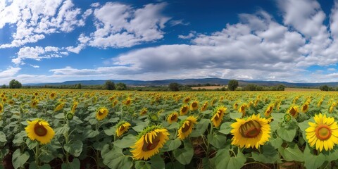 Obraz premium Panoramic field of sunflowers with blue sky on sunny day. Generative AI