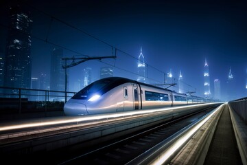 Naklejka premium High speed rail shuttles on urban railways at night.AI technology generated image