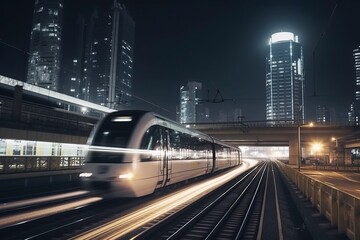 Fototapeta na wymiar High speed rail shuttles on urban railways at night.AI technology generated image