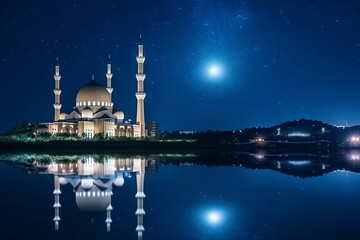 Fototapeta na wymiar The concept of Ramadan, a reflection of a mosque by the lake at night.AI technology generated image
