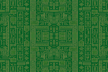 Egyptian hieroglyphs ethnic pattern green background. Abstract traditional folk antique tribal zigzag graphic line. Texture textile fabric Egyptian vector ornate elegant luxury vintage retro style.