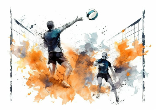 Watercolor abstract illustration of volleyball. Volleyball in action during colorful paint splash, isolated on white background. AI generated illustration.