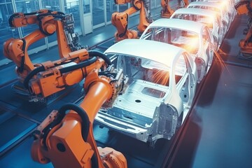 Fototapeta premium The robot arm of the car manufacturing line is welding the car.AI technology generated image
