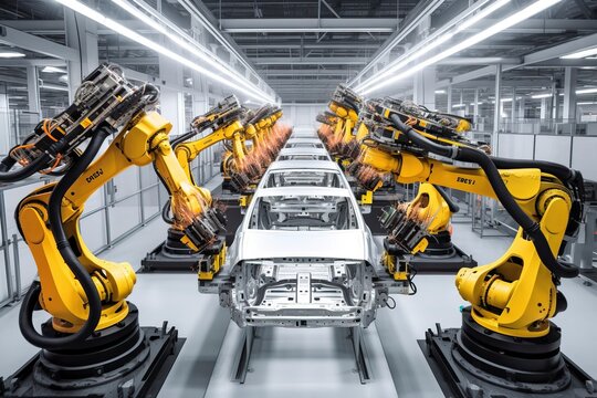 The robot arm of the car manufacturing line is welding the car.AI technology generated image
